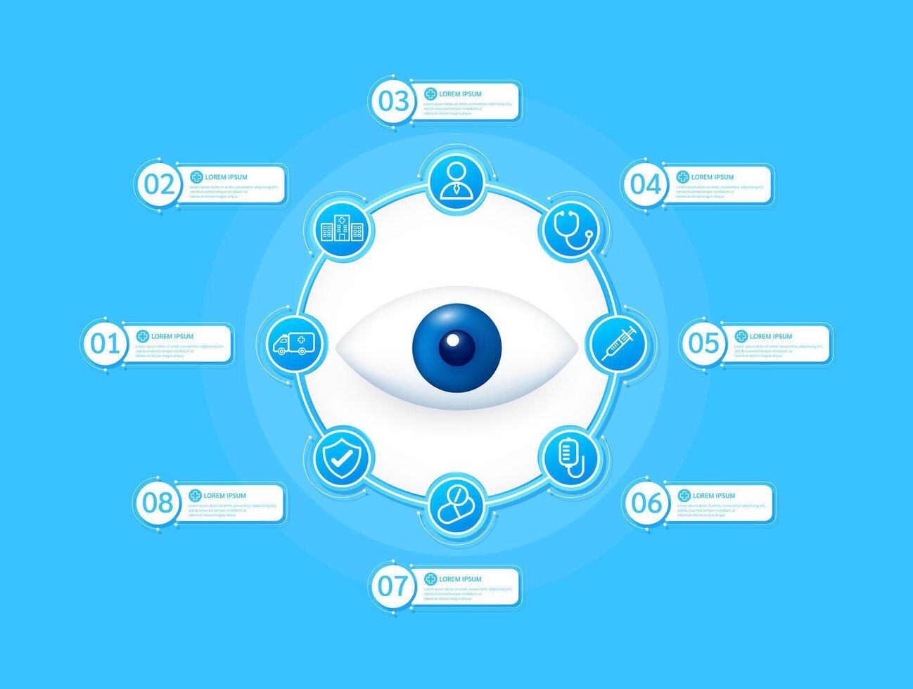 Eye health care infographic with presentation timeline steps medical research. And stethoscope, syringe, saline, drug, ambulance car, doctor. Style icons on blue background. vector