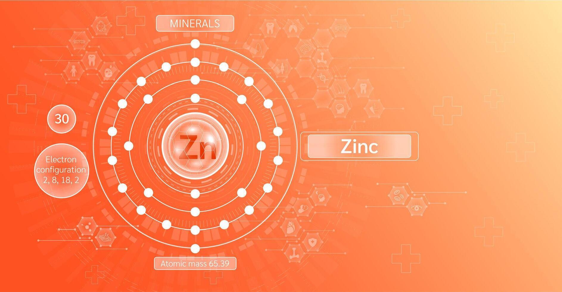 Minerals zinc in chemical structure with atomic on orange background. Health care and science icon pattern medical innovation. Supplements vitamins complex. . vector