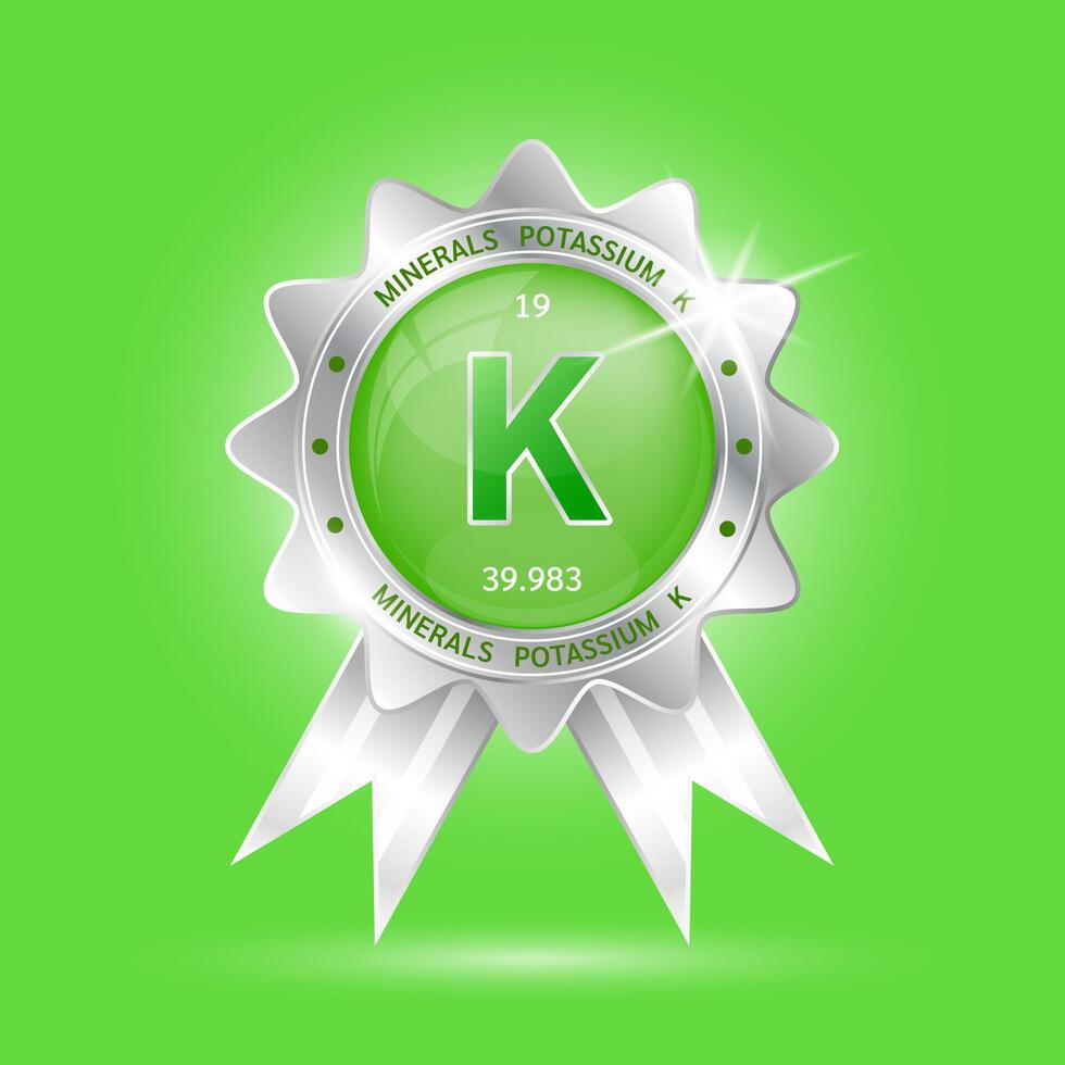 Green potassium in label aluminum silver. For logo products design food vitamins minerals. Medical food supplement concepts. 3D Realistic. vector