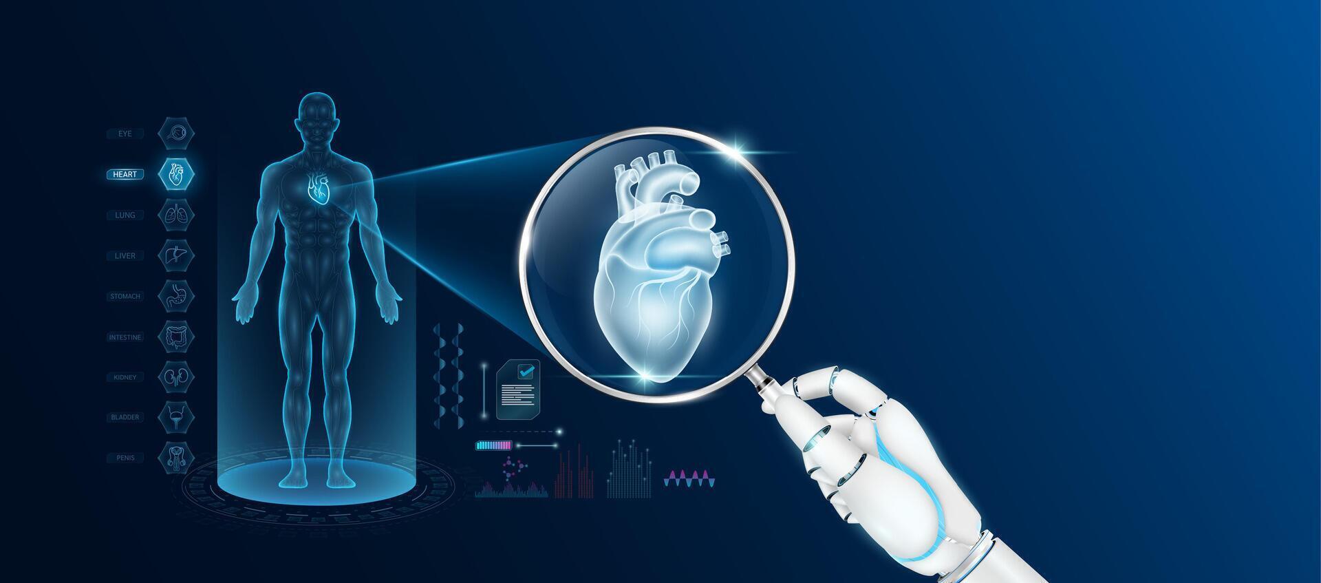Doctor robot hand holding magnifying glass looking heart analysis diagnosis with AI artificial intelligence technology. Anatomy hologram of the male body. Innovative medical healthcare. vector