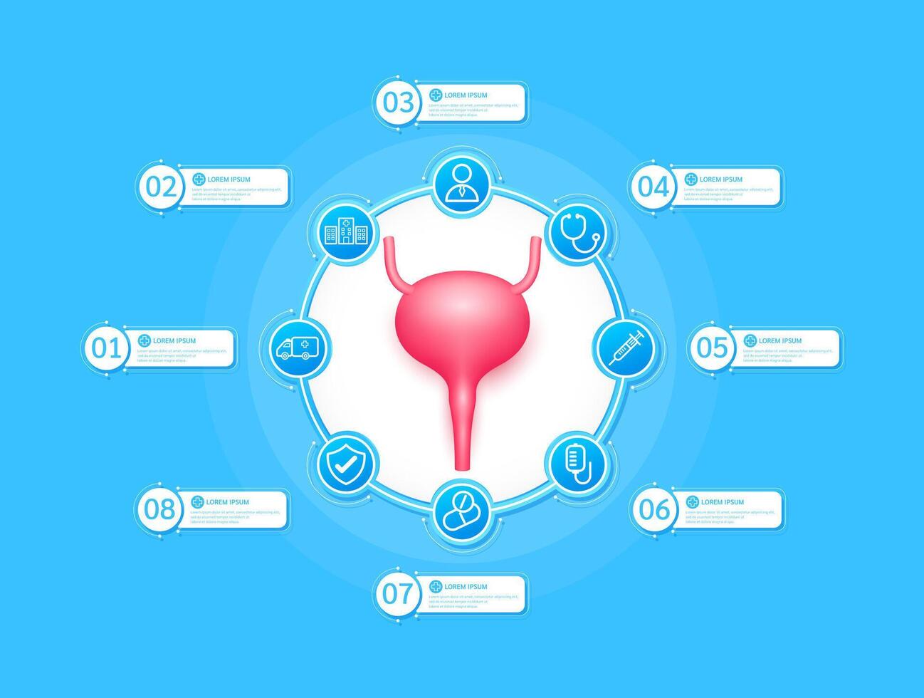 Bladder health care infographic with presentation timeline steps medical research. And stethoscope, syringe, saline, drug, ambulance car, doctor. Style icons on blue background. vector