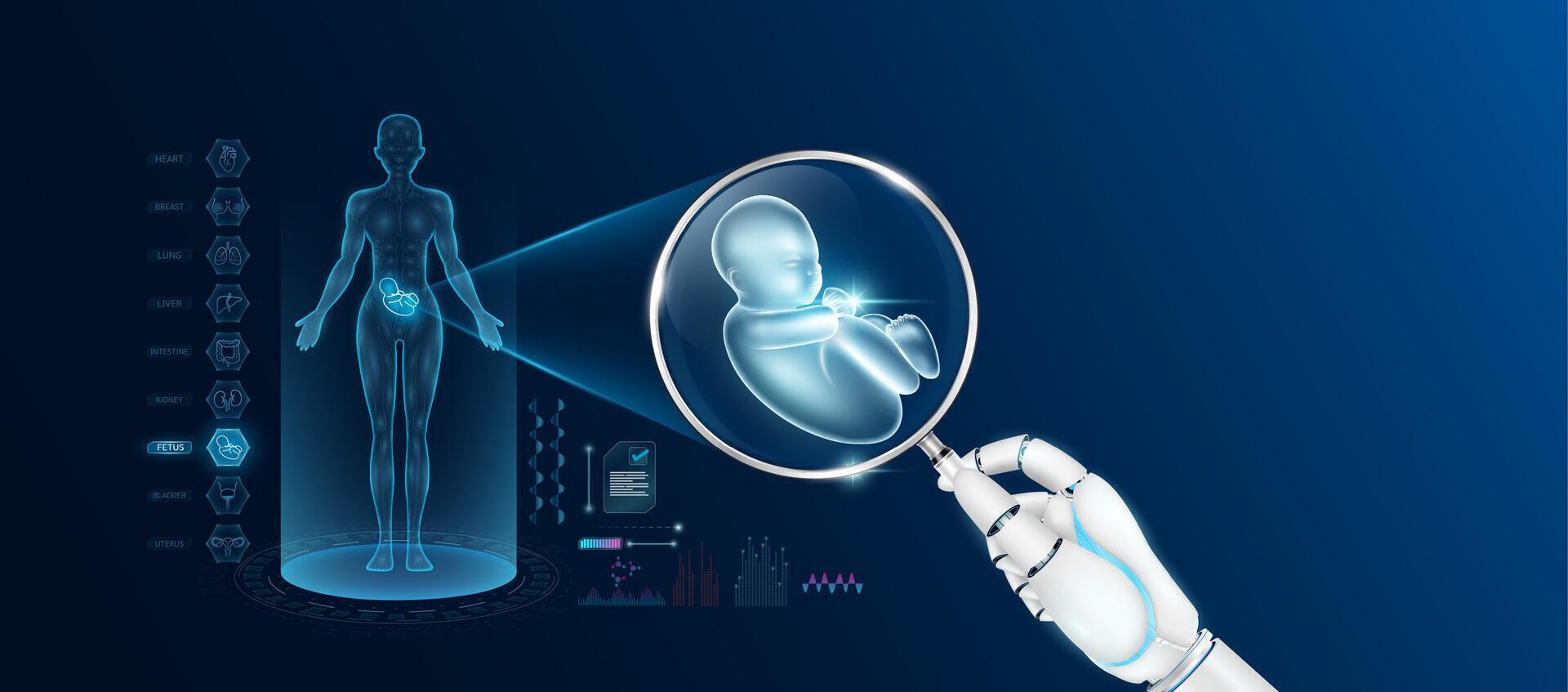 Doctor robot hand holding magnifying glass looking fetus analysis and anatomy hologram of the female body. Diagnosis with AI artificial intelligence technology. Innovative medical healthcare. vector