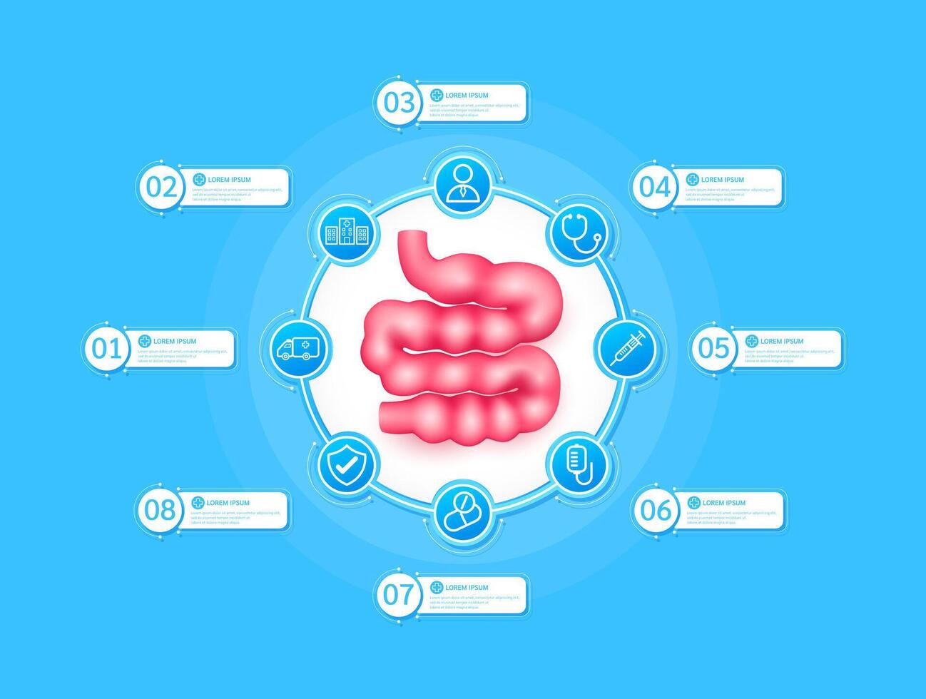 Small intestine health care infographic with presentation timeline steps medical research. And stethoscope, syringe, saline, drug, ambulance car, doctor. Style icons on blue background. vector