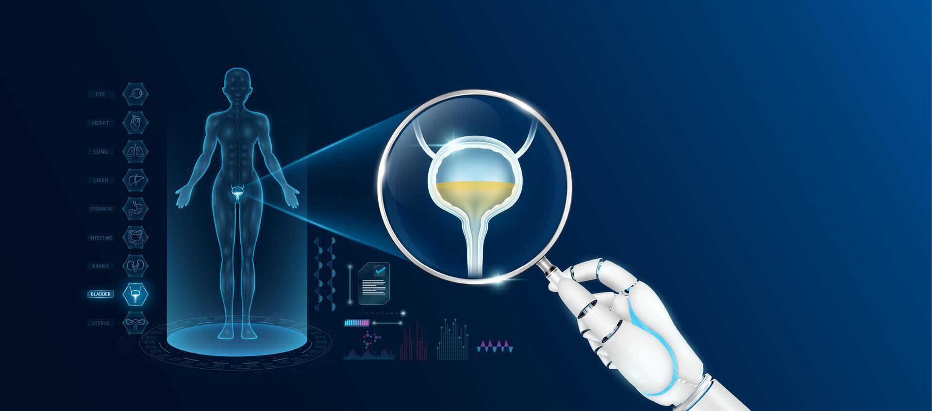 Doctor robot hand holding magnifying glass looking bladder analysis and anatomy hologram of the female body. Diagnosis with AI artificial intelligence technology. Innovative medical healthcare. vector