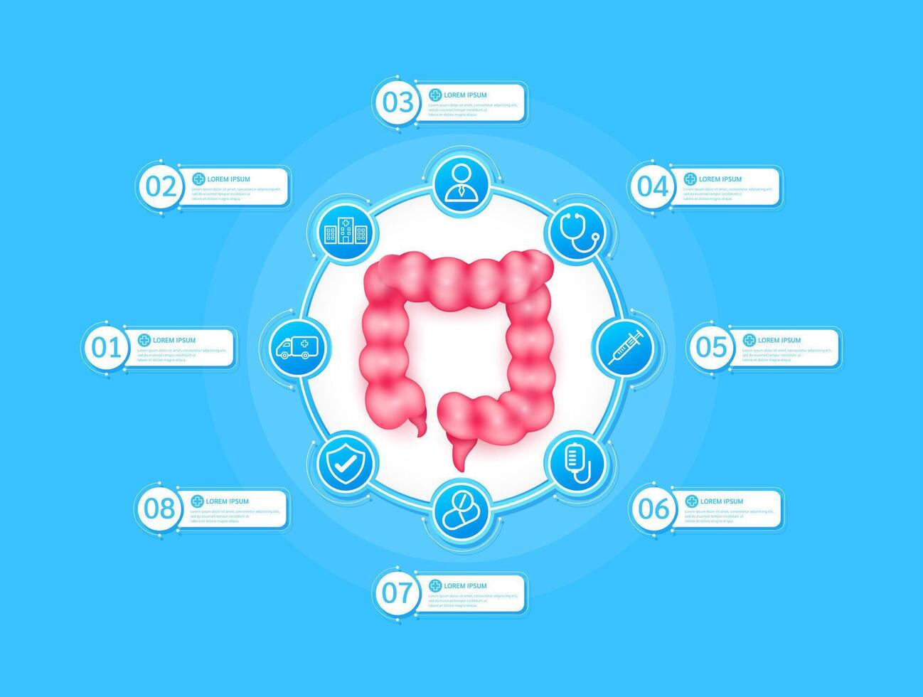 Intestine health care infographic with presentation timeline steps medical research. And stethoscope, syringe, saline, drug, ambulance car, doctor. Style icons on blue background. illustration. vector