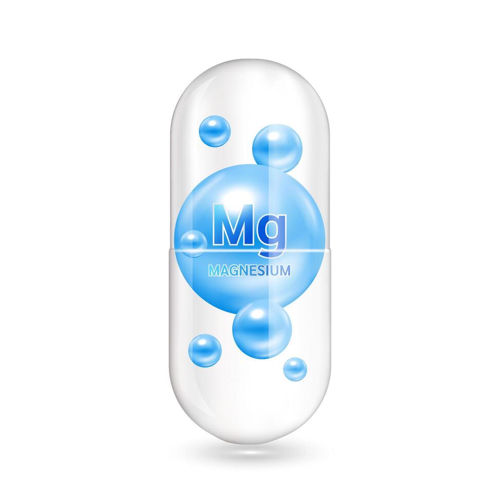 Blue minerals magnesium inside capsule translucent. Medical and dietary supplement health care concept. 3D illustration. Isolated on white background. vector