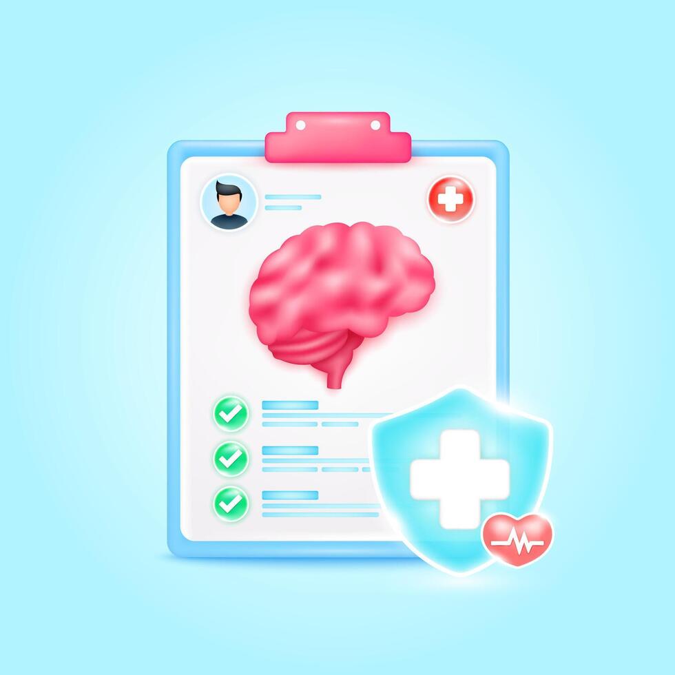 Medical document form board. Brain organ check up list for health doctor. Symbol cross in shield, red heart pulse line with check mark green button. Health care concept. 3d icon cartoon. vector