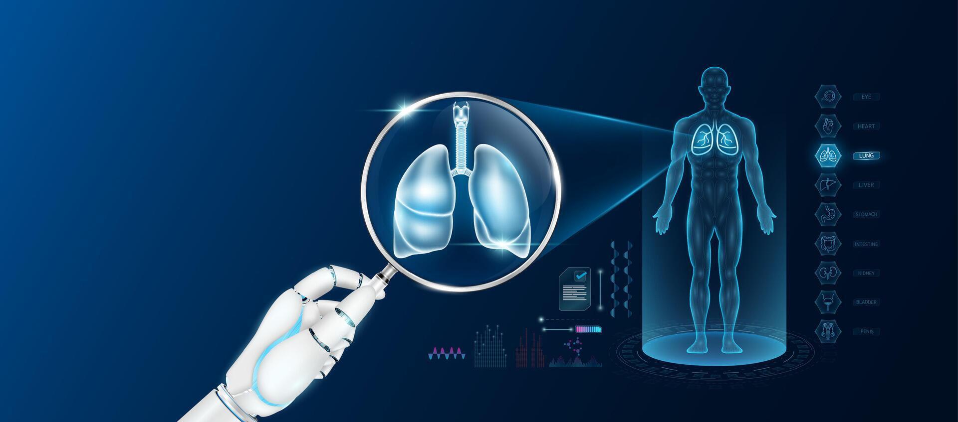 Doctor robot hand holding magnifying glass looking lung analysis diagnosis with AI artificial intelligence technology. Anatomy hologram of the male body. Innovative medical healthcare. vector