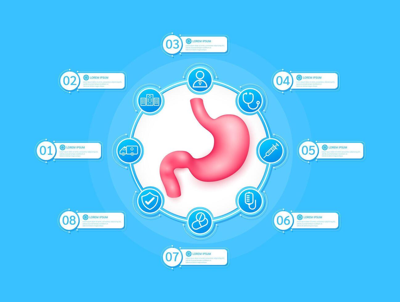Stomach health care infographic with presentation timeline steps medical research. And stethoscope, syringe, saline, drug, ambulance car, doctor. Style icons on blue background. vector