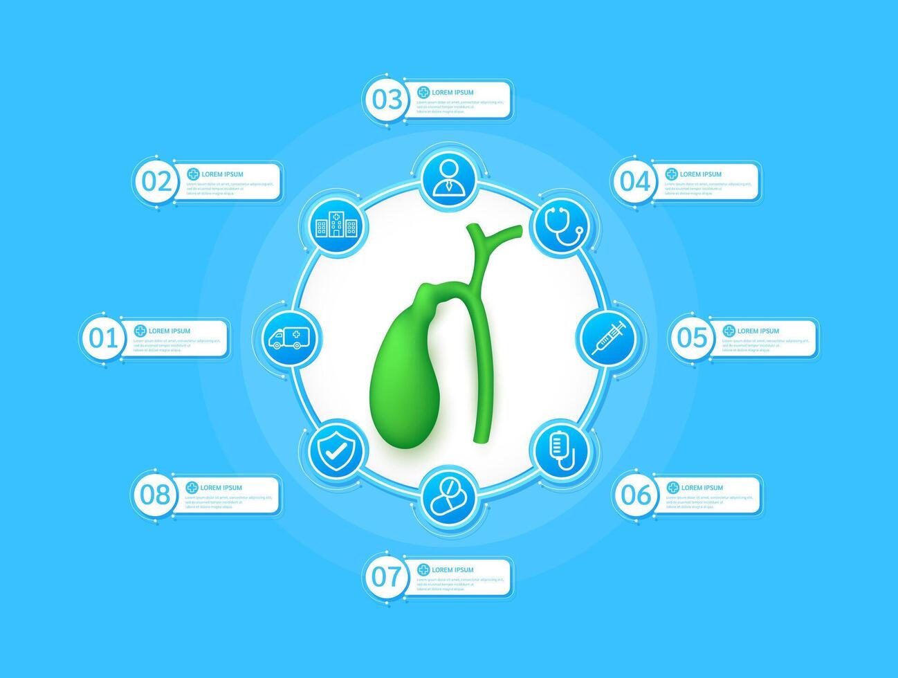 Gallbladder health care infographic with presentation timeline steps medical research. And stethoscope, syringe, saline, drug, ambulance car, doctor. Style icons on blue background. vector
