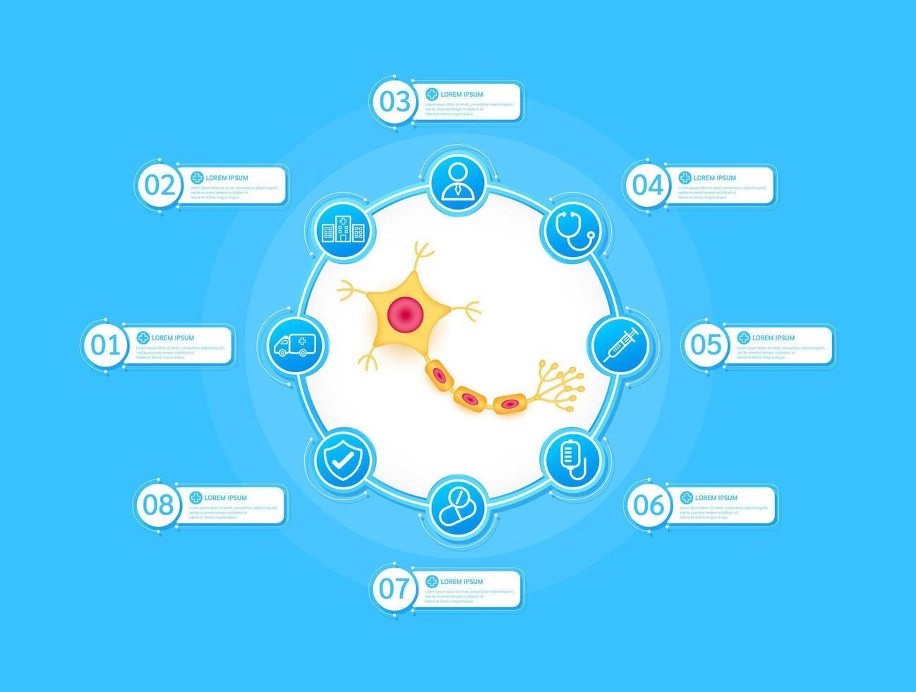 Nerve cell health care infographic with presentation timeline steps medical research. And stethoscope, syringe, saline, drug, ambulance car, doctor. Style icons on blue background. vector