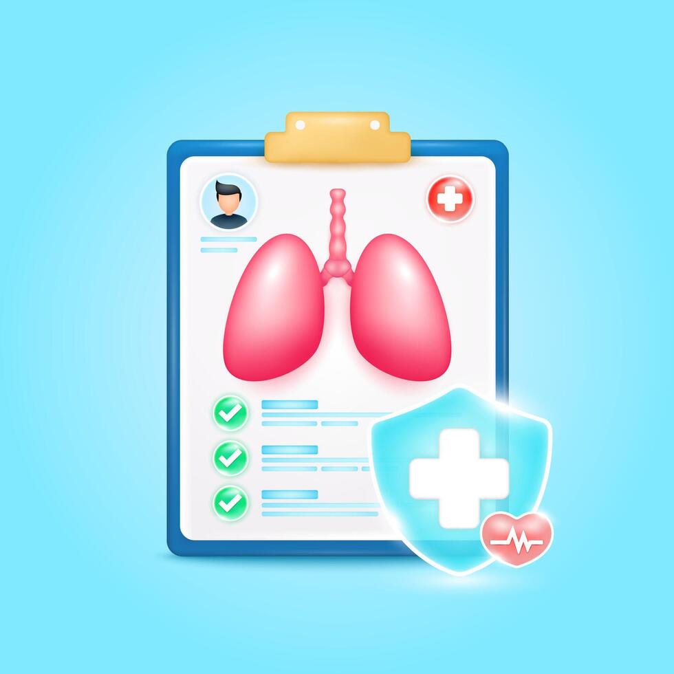 Medical document form board. Lung organ check up list for health doctor. Symbol cross in shield, red heart pulse line with check mark green button. Health care concept. 3d icon cartoon. vector