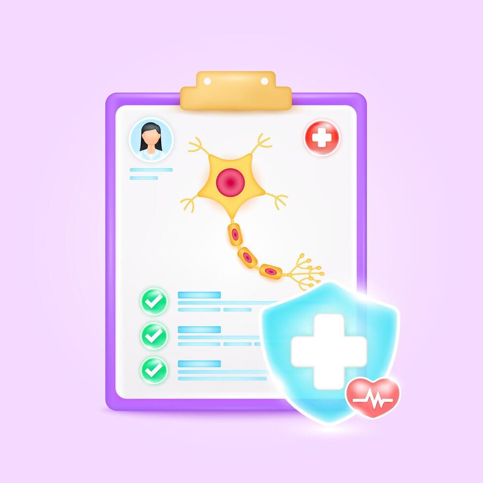 Medical document form board. Nerve check up list for health doctor. Symbol cross in shield, red heart pulse line with check mark green button. Health care concept. 3d icon cartoon. vector