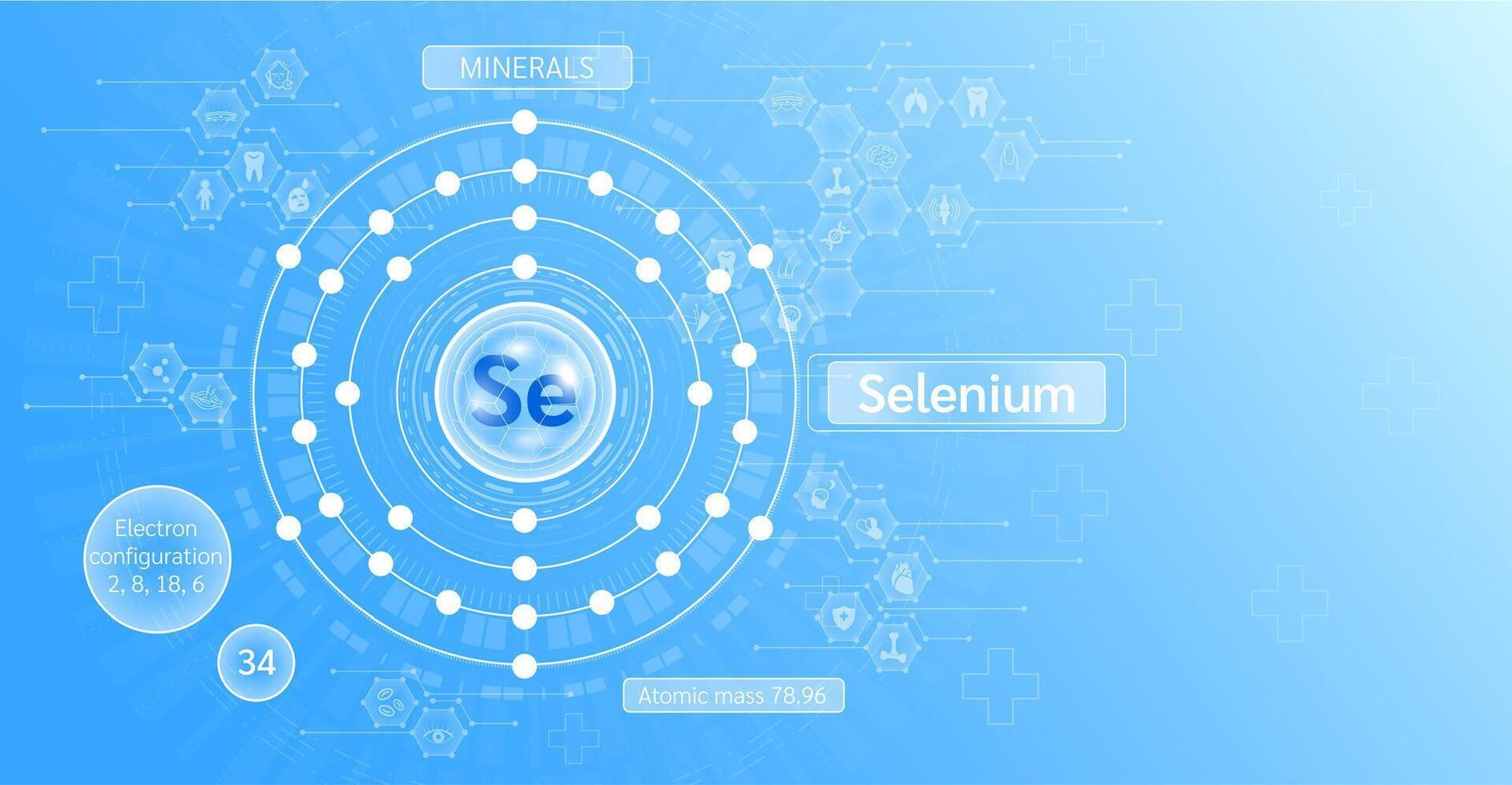 Minerals selenium in chemical structure with atomic on blue background. Health care and science icon pattern medical innovation. Supplements vitamins complex. . vector