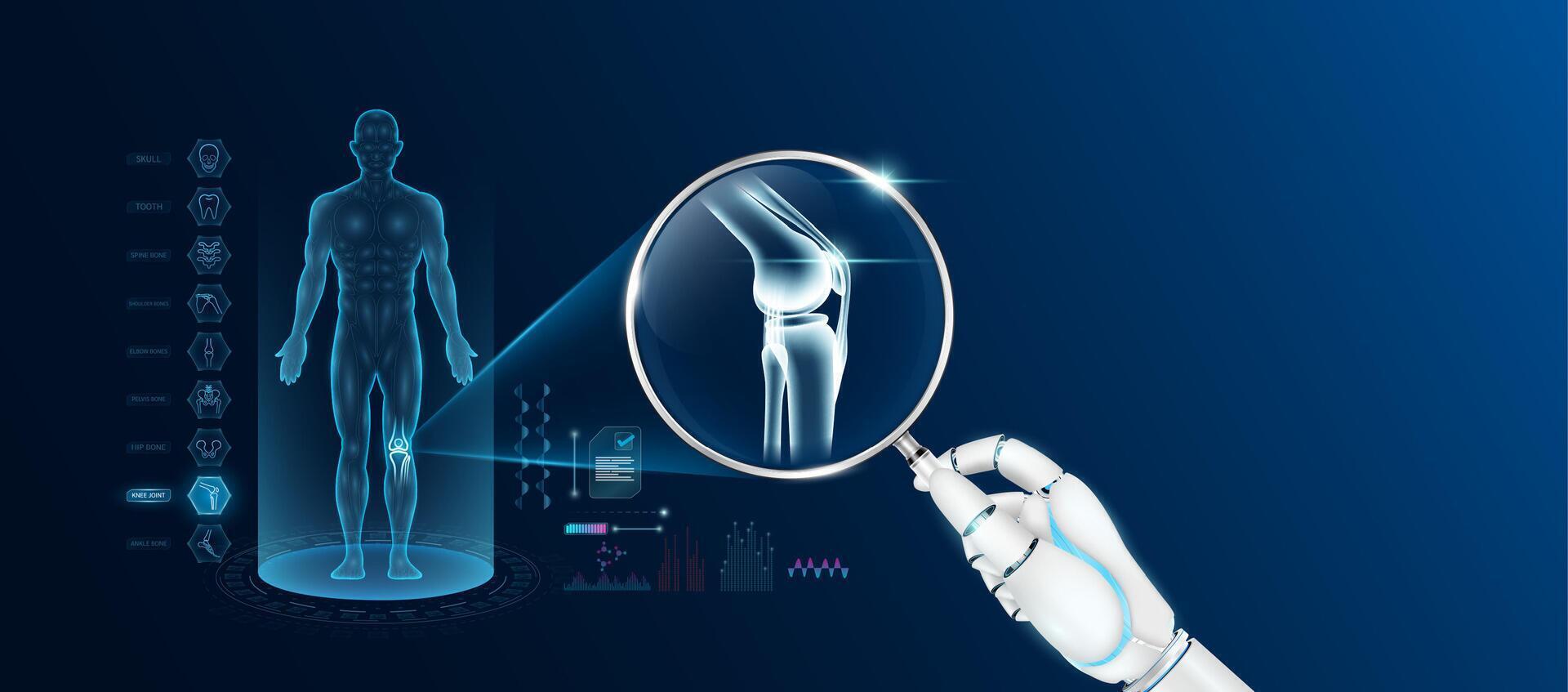 Doctor robot hand holding magnifying glass looking knee joint bone analysis diagnosis with AI artificial intelligence technology. Anatomy hologram of the male body. Innovative medical healthcare. vector
