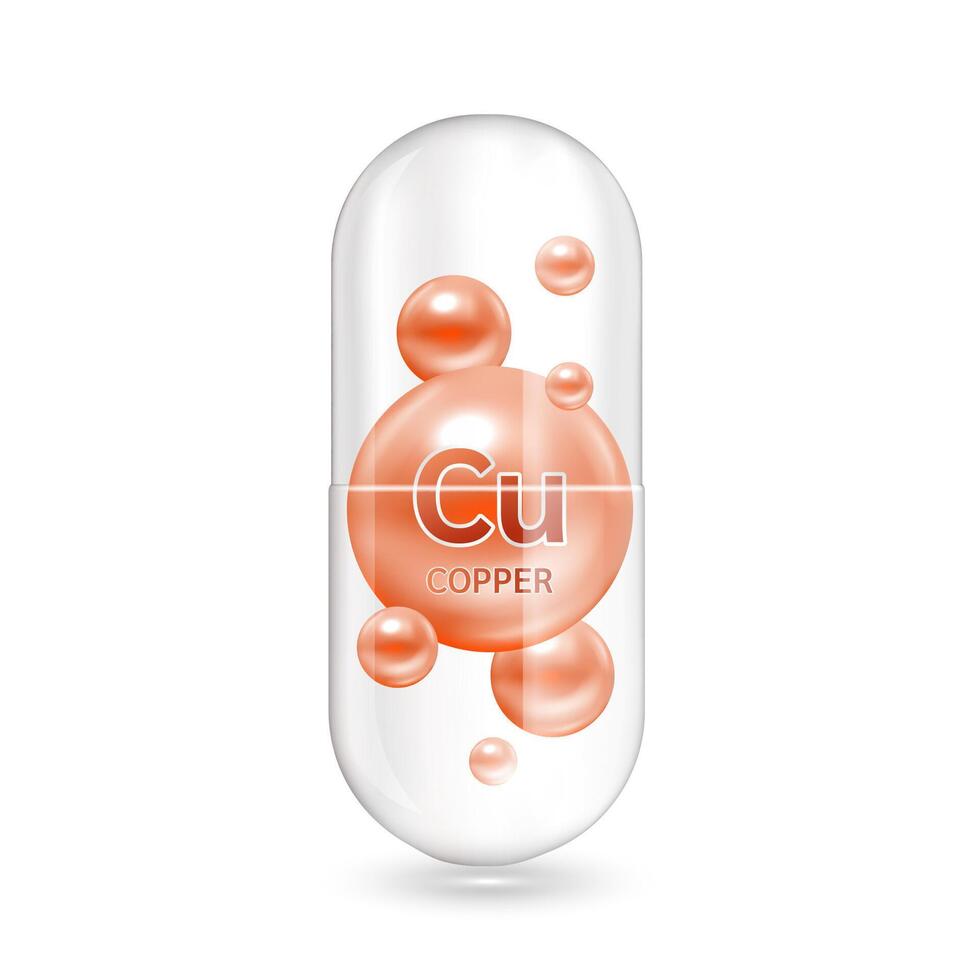 Orange minerals copper inside capsule translucent. Medical and dietary supplement health care concept. 3D illustration. Isolated on white background. vector