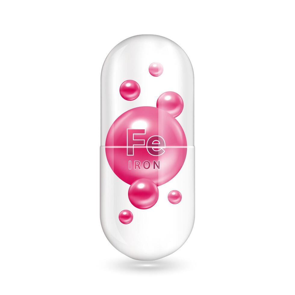 Purple minerals iron inside capsule translucent. Medical and dietary supplement health care concept. 3D illustration. Isolated on white background. vector