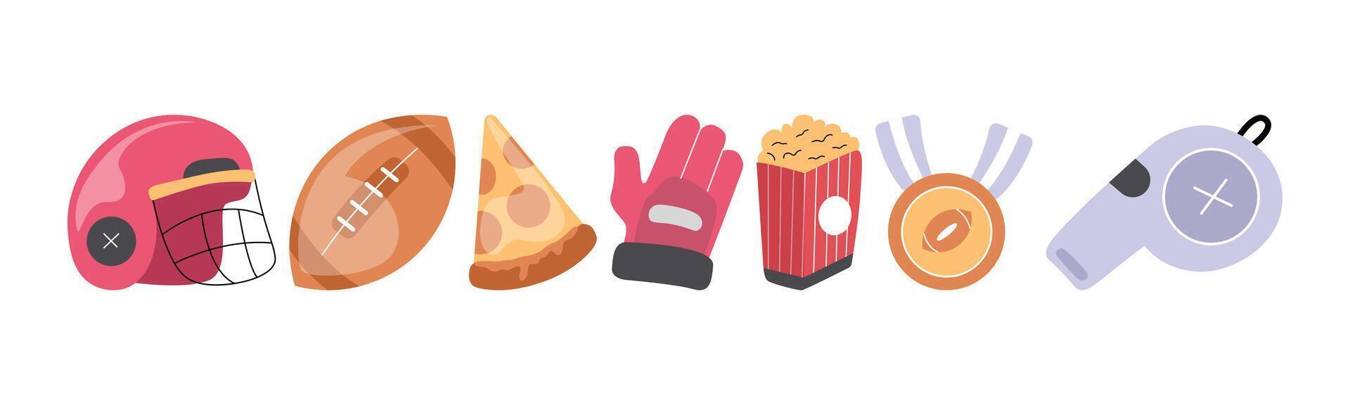 An illustration of football game day icons, helmet, sport ball, pizza, glove, popcorn, whistle, and a medal of achievement. Perfect for posters, cards, advertising, and many more. vector