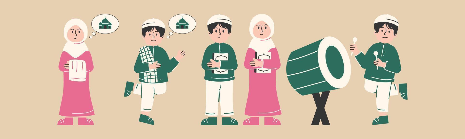 Illustrative depiction of children celebrating Eid al-Fitr, embodying the joy and spiritual significance of this Islamic holiday. They are dressed in traditional attire vector