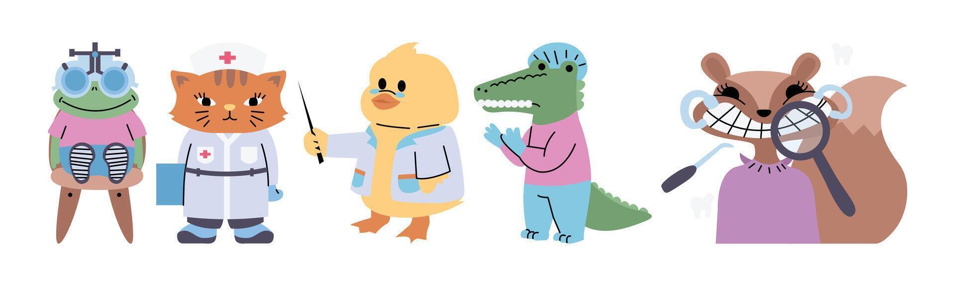 Illustration various animals in healthcare professions, including a dentist, optician, and nurse. The cartoon-style design is playful and friendly, perfect for illustrating children health concepts. vector