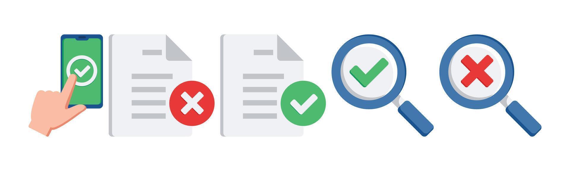 A document verification process, with elements of approval and denial, represented by checkmarks and crosses. Magnifiers and smartphone validation add depth to this visual concept. vector