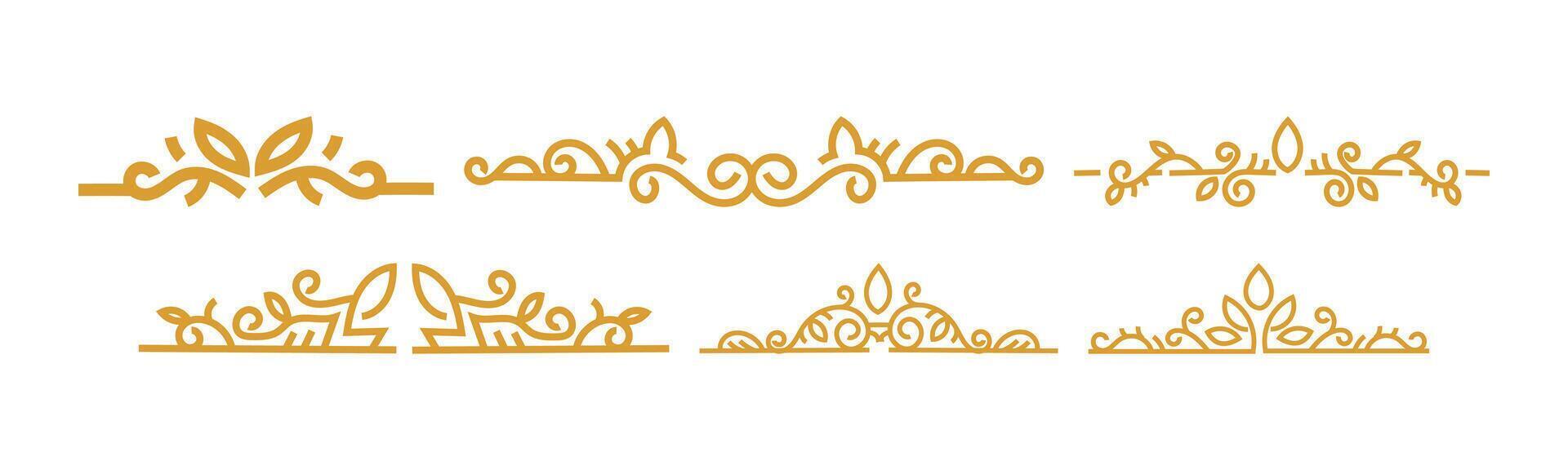 A set of six decorative golden dividers with ornate flourishes, vintage swirls, and artistic embellishments, perfect for adding elegance to any design. vector