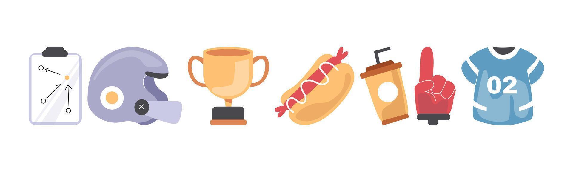 Collection of illustrated elements representing football game day essentials, from the game plan to the celebratory food. vector