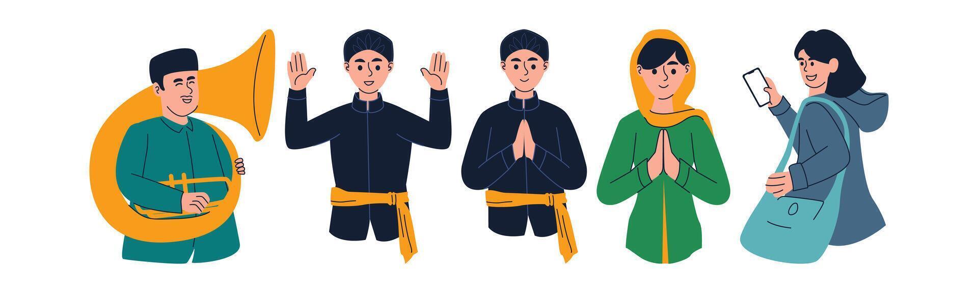 Illustration of various people wearing traditional clothing, playing music, greeting, and using modern technology, showcasing cultural diversity and contemporary life. vector