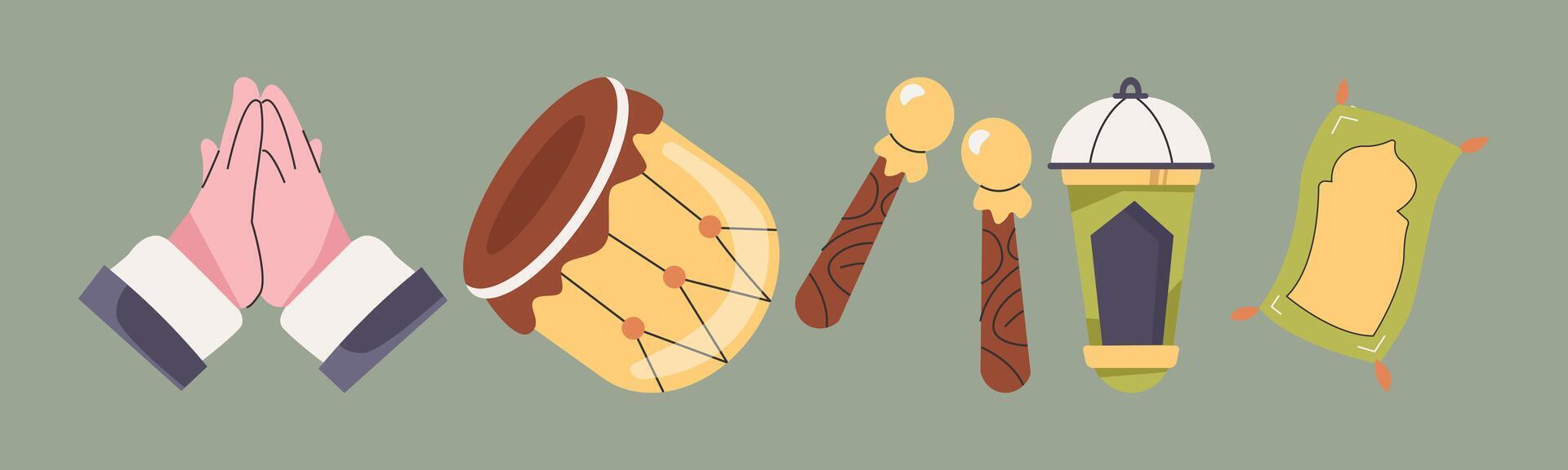 A festive illustration featuring elements commonly associated with Eid celebrations, including prayer hands, a drum, prayer mat, and lantern. Celebrating traditions with devotion and joy. vector