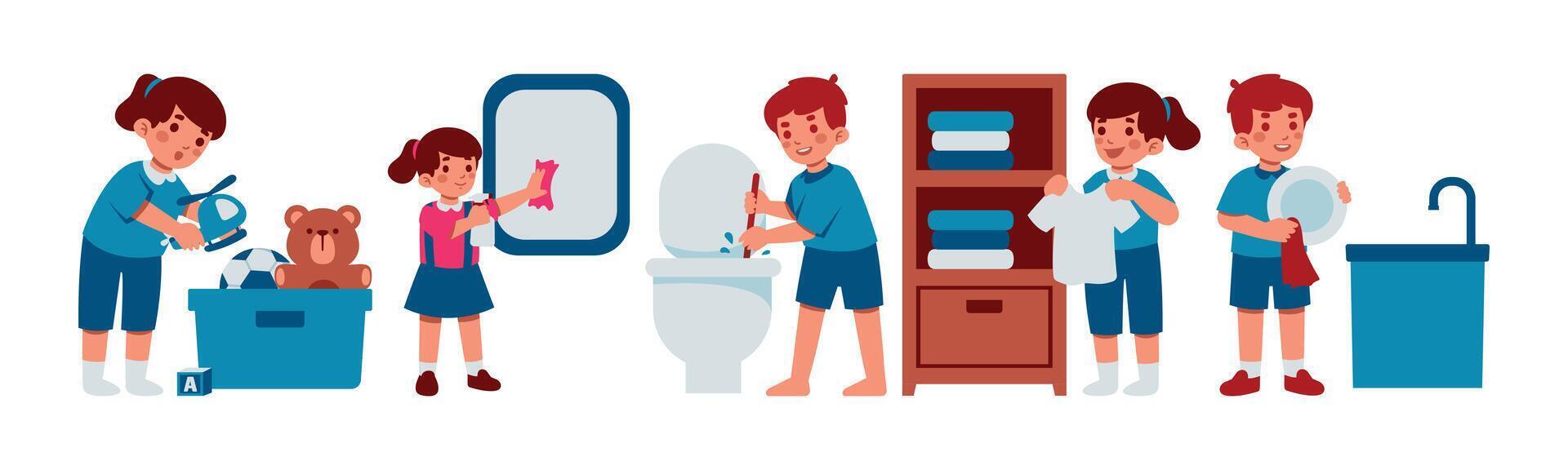 Illustration depicting children actively participating in various household chores, fostering responsibility and cooperation within a domestic setting. vector