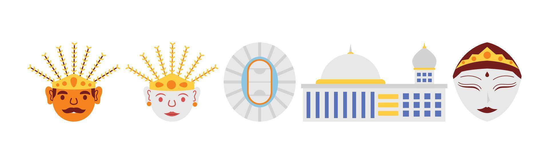 Collection of cultural icons from Jakarta, Indonesia, depicted in a flat style, showcasing traditional masks, landmarks and architectural elements. Ideal for travel, cultural and historical projects. vector