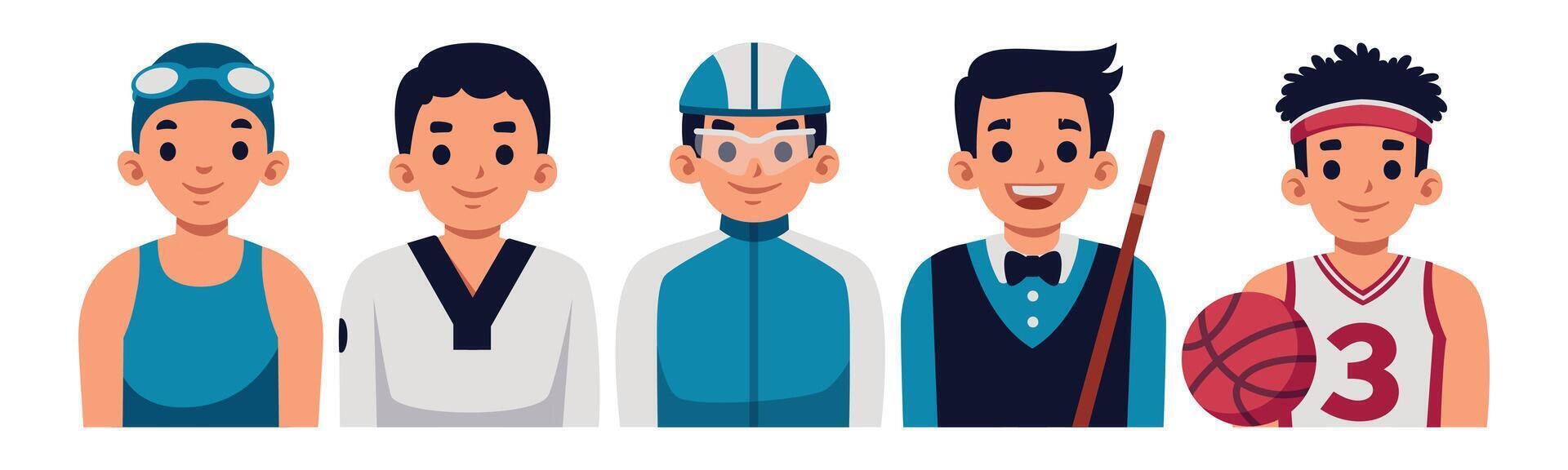 Cheerful cartoon avatars of various athletes. Representing diverse sports and activities, perfect for team branding or playful designs. vector