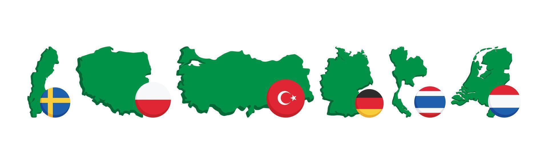 An image shows various country maps silhouette in green color with each corresponding flag located next to it, ideal for infographics, travel planning, or geographical representations. vector