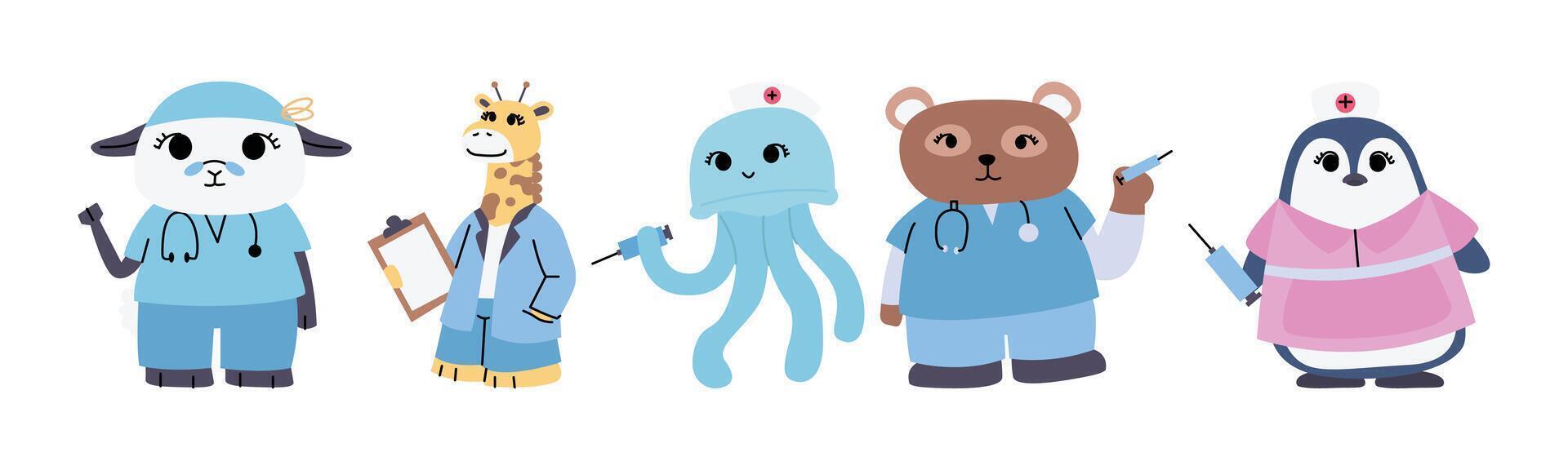 Cute animal doctors cartoon set. Features a sheep, giraffe, jellyfish, bear, and penguin dressed in medical uniforms. Perfect for children's healthcare or veterinary clinics. vector