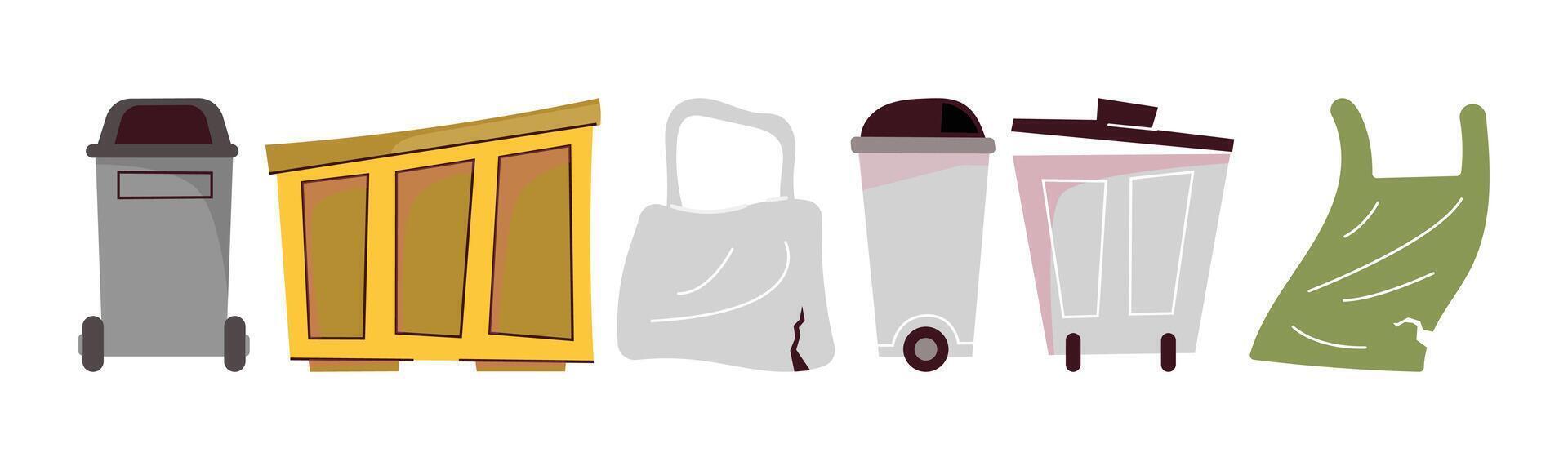 Illustrates various trash receptacles and a reusable bag, promoting environmental awareness and responsible waste disposal. vector