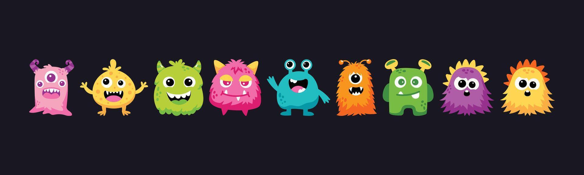 Illustration with a variety of cute, cartoonish, and colorful monsters. Perfect for kids' designs, parties, or Halloween-themed projects. vector