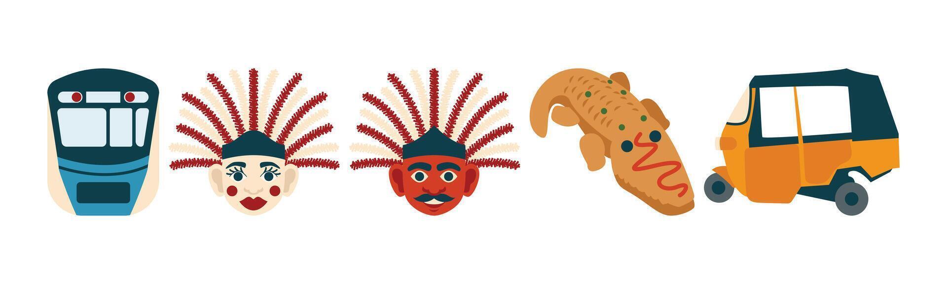 A vibrant image showcasing iconic elements of Jakarta city culture, including transportation, traditional mask ondel-ondel, crocodile bread, and more. vector