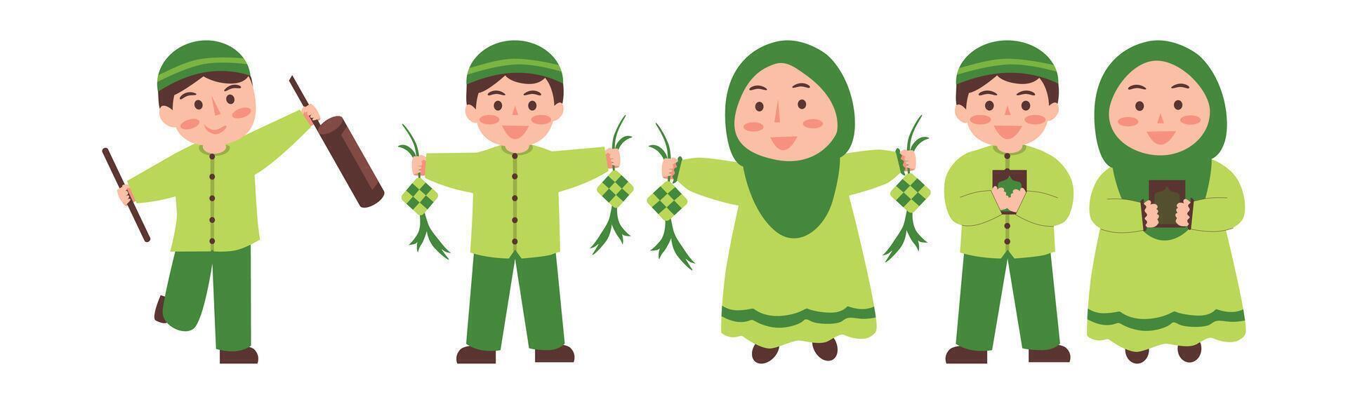 A delightful cartoon illustration depicts children celebrating Eid Mubarak, dressed in traditional attire and holding festive symbols, conveying the joy and unity of the occasion. vector