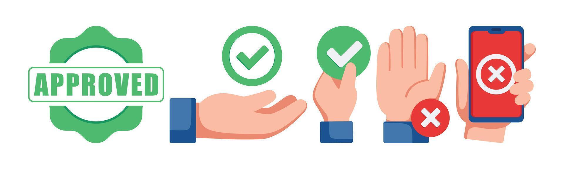 An illustration depicting icons representing approval and rejection. The imagery includes checkmarks, a cross, and hands interacting with a smartphone to show acceptance and denial. vector