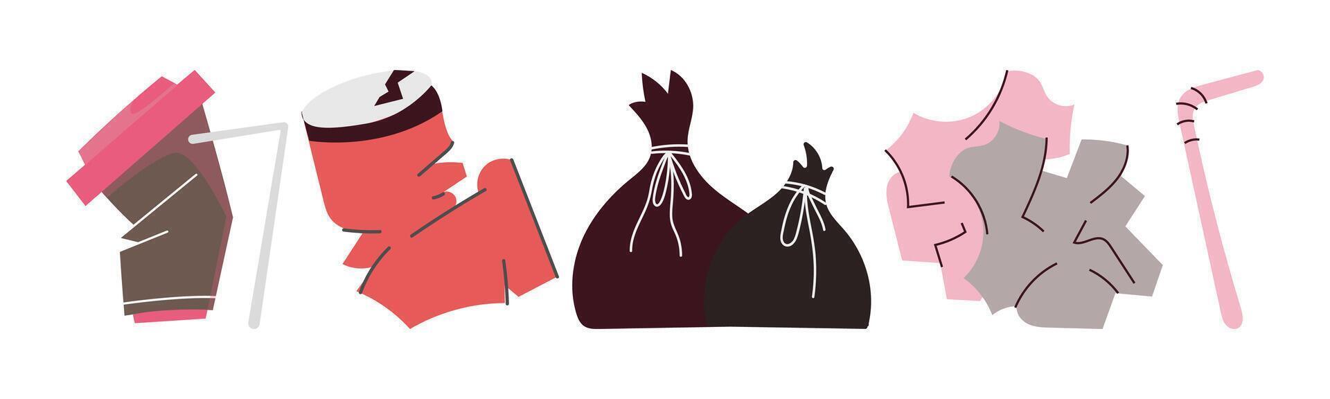 An illustration featuring various types of waste, emphasizing the importance of responsible waste disposal and environmental awareness. Perfect for promoting sustainable habits. vector