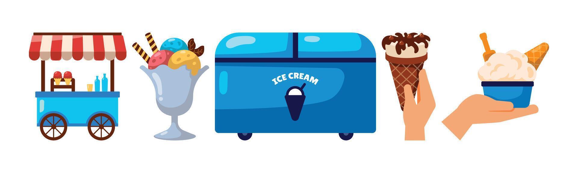A delightful assortment of ice cream treats, including cones, sundaes, and cups, all served from a charming vendor cart. Perfect for a refreshing summer snack vector