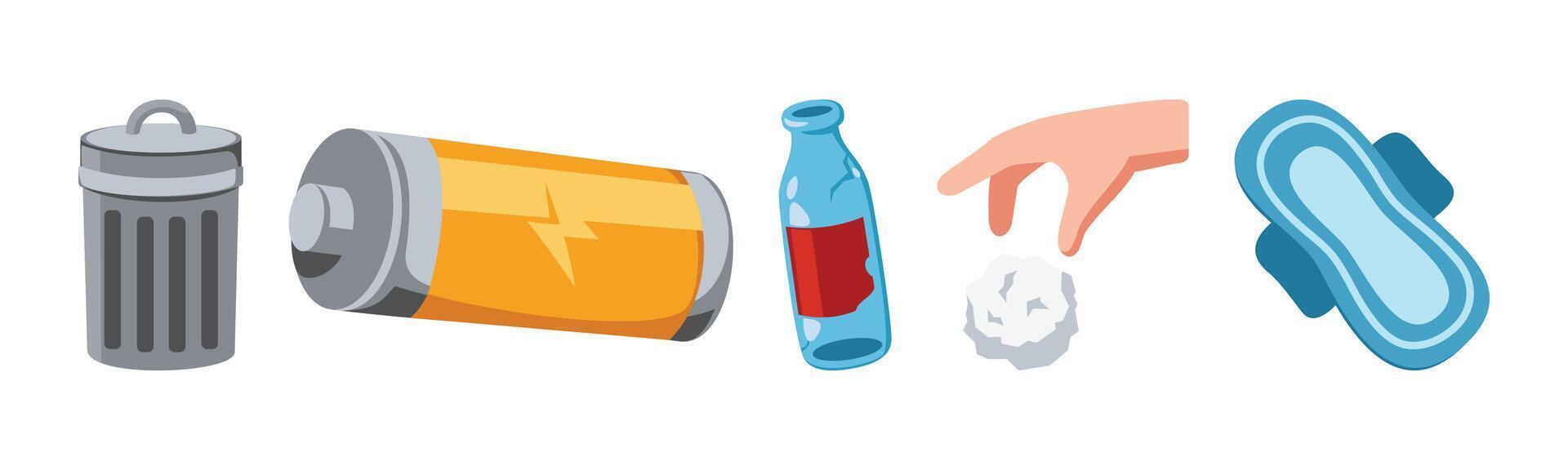 An illustration drawing featuring a waste bin, battery, glass bottle, hand holding paper, and a sanitary pad against a white background. vector