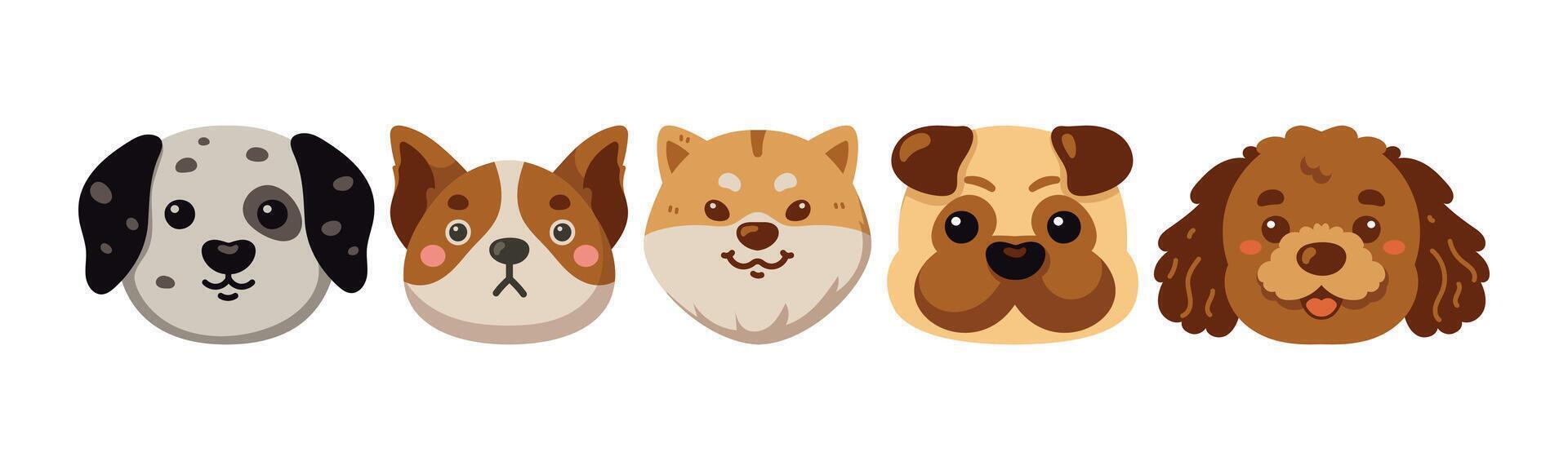 Illustration of five different cartoon dog breeds, including a Dalmatian, Terrier, Shiba Inu, Pug, and Spaniel. Each dog has a unique expression, designed for various fun and playful projects. vector