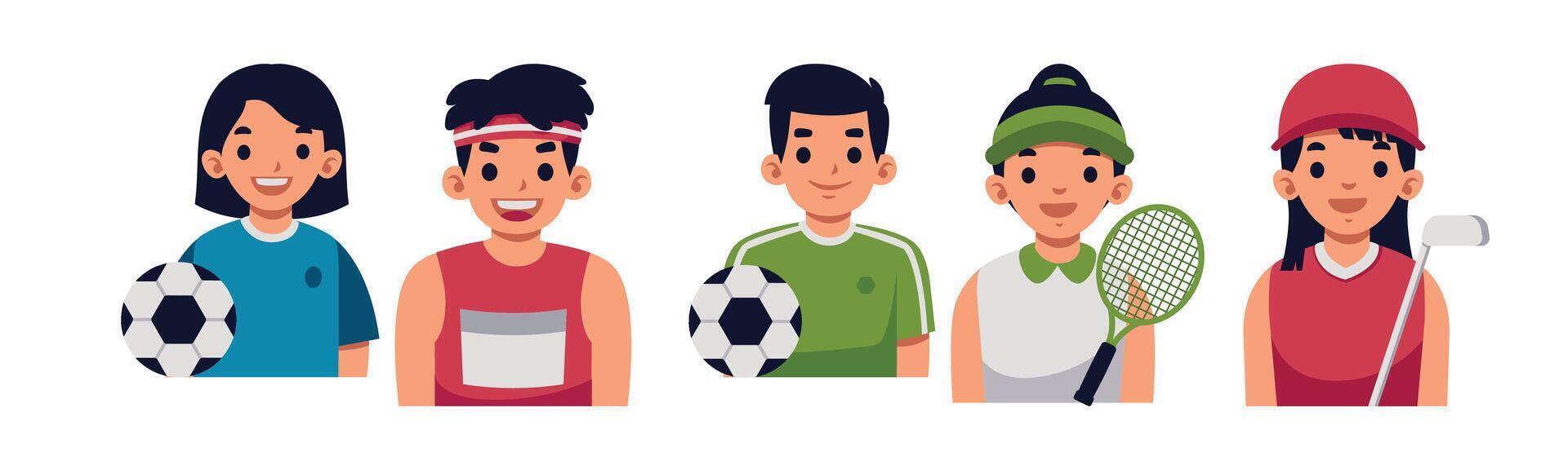 A diverse set of cartoon characters engaged in various sports, perfect for illustrating a healthy and active lifestyle. vector
