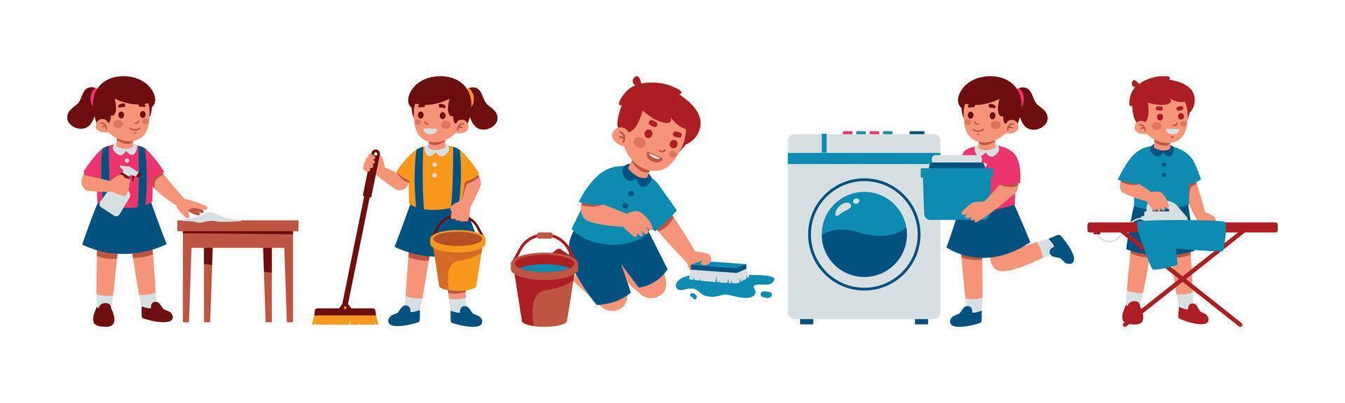 Cheerful kids actively participating in diverse housework chores. These young helpers showcase responsibility by dusting, mopping, scrubbing, washing clothes, and ironing, making household duties vector