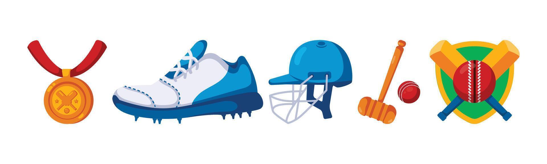 Illustrative cricket sporting equipment set. Includes helmet, shoes, medal, bat and ball, and a decorative shield. Great for designs related to sports or active lifestyle. vector