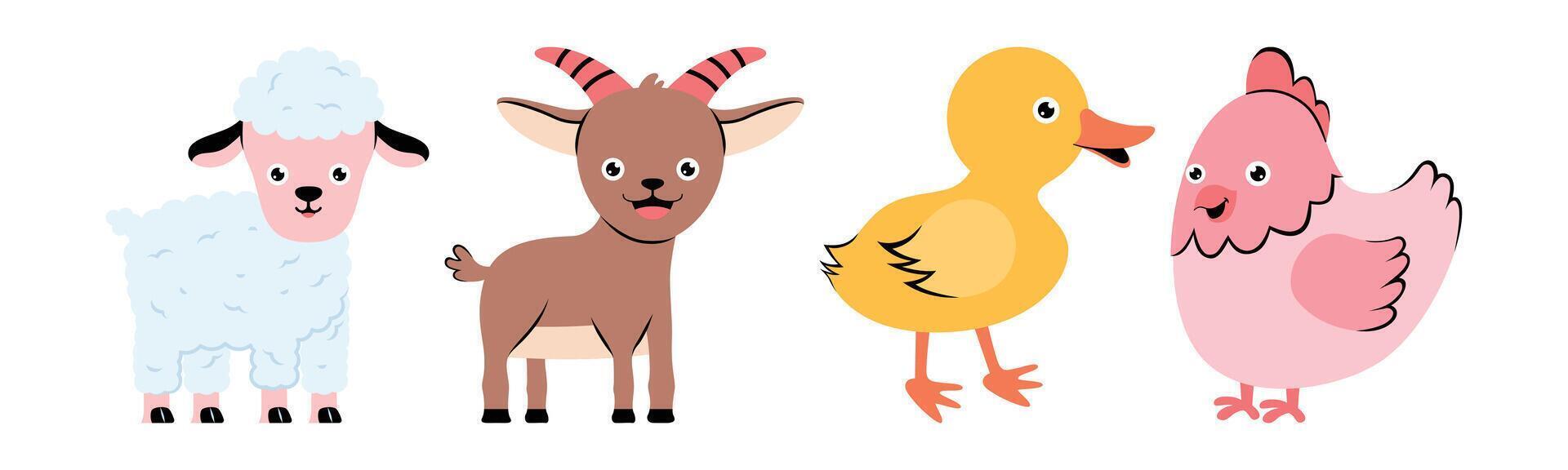 Cute cartoon illustrations of farm animals including a sheep, goat, duck and chicken, perfect for children's books or decorative use. vector