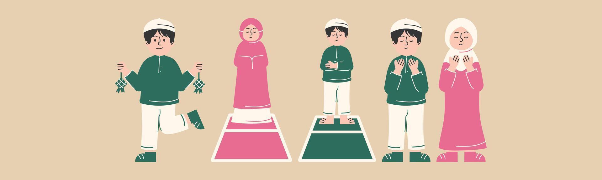 An illustration showcasing a Muslim family in traditional attire celebrating Eid, conveying a sense of togetherness and religious observance. vector