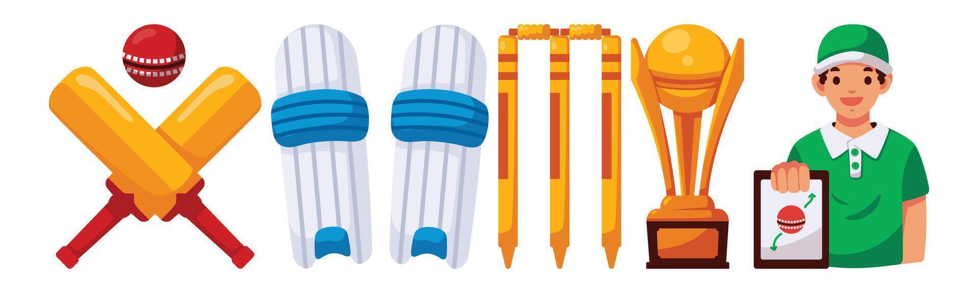 A vibrant illustration showcasing cricket equipments alongside a coach explaining the game strategy, perfect for sports related design or educational content. vector