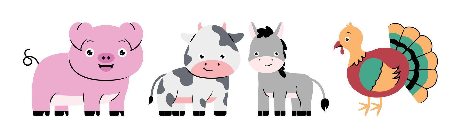 A cheerful cartoon illustration of farmyard animals including a pig, cow, donkey, and turkey, perfect for children's designs. vector